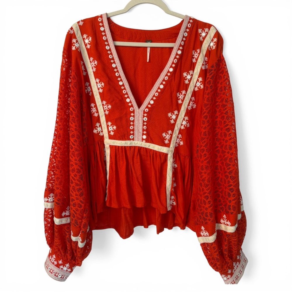 Free People Boogie All Night Orange Red Top Size Large Lace Sleeves Boho Chic - Picture 2 of 11